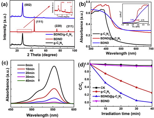 Figure 10. BDND used to enhance the photocatalytic RhB degradation activity of g-C3N4 [Citation20]. (a) XRD patterns of the as-prepared g-C3N4, BDND@g-C3N4 (BDND 3 wt%), and BDND. (b) UV-vis DRS spectra of g-C3N4 and BDND@g-C3N4 (BDND 3 wt%) heterostructures and (αhν)2 versus hν curve of g-C3N4 and BDND@g-C3N4 (insert), respectively. (c) Time-dependent absorption spectral pattern of RhB aqueous solution in the presence of BDND@g-C3N4 photocatalyst under visible light irradiation. (d) Photocatalytic degradation of RhB in aqueous solution over g-C3N4, BDND and BDND@g-C3N4 photocatalysts.