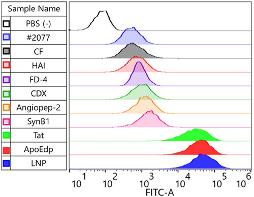 Figure 1. Cellular association experiments of CF-labeled BBB-penetrating peptides in hCMEC/D3 cells. The cells were incubated with each compound at 37 °C for 1 h.