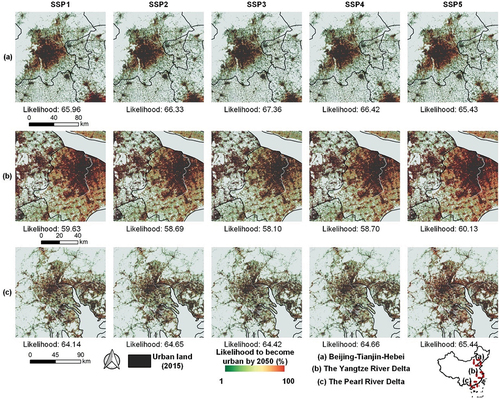 Figure 8. Spatial probability distribution of urban expansion in three large urban agglomerations in China by 2050 under 5 SSP scenarios. Cells with a high likelihood of converting to urban by 2050 exhibit a high degree of certainty.