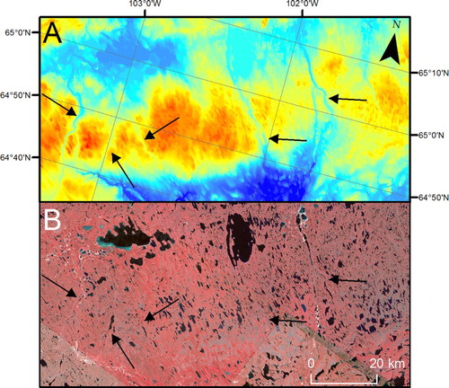 Figure 7. Meltwater channels seen in (A) CDED and (B) Landsat ETM+ (R,G,B 4,3,2) imagery. Location is given in Figure 1.