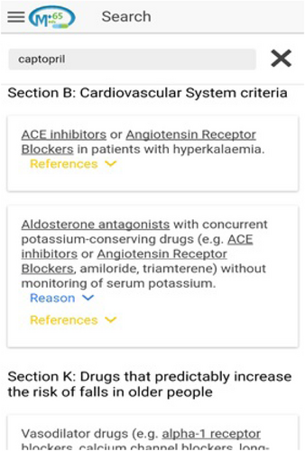 Fig. 2 Screenshot shows searching for captopril-related recommendations on Plus65 Med©