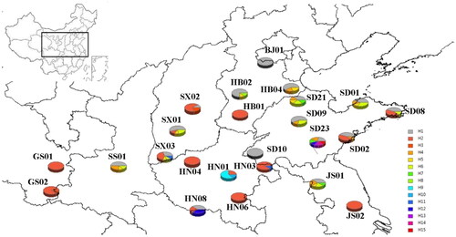 Figure 2. Geographical distribution in China of 15 cpDNA haplotypes in B. japonicus (Pie charts shows the different haplotypes with their proportions).