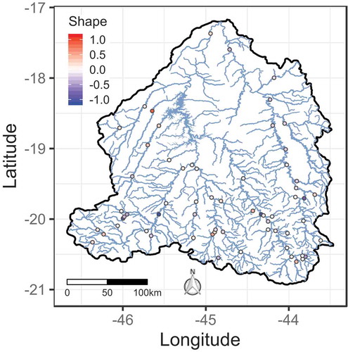 Figure 3. Generalized extreme value shape parameter maximum likelihood estimates (MLEs) in the study region