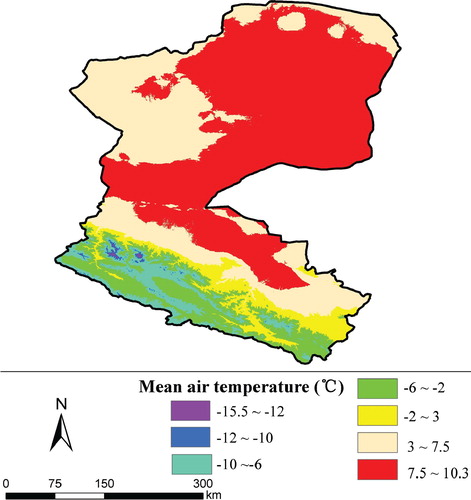 FIGURE 6. The mean annual air temperature from 2000 to 2009 in the Heihe River Basin.