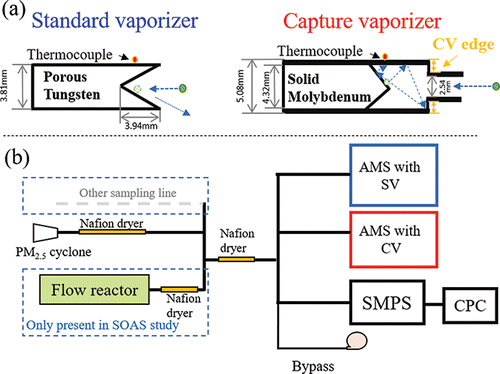 Figure 1. (a) Schematic of the standard vaporizer (SV) and capture vaporizer (CV). (b) Setup used for the ambient comparisons of two AMSs equipped with SV and CV, respectively, in the field studies. All the sampled air was dried to be below 30% RH before reaching the instruments with Nafion dryers.