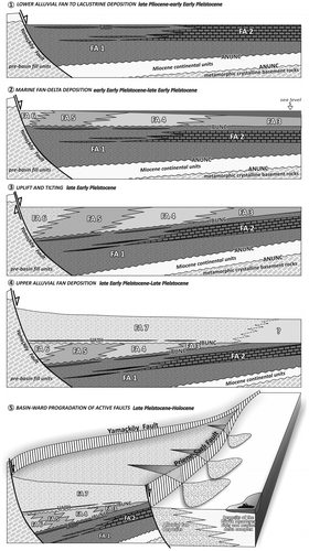 Figure 10. The Plio–Quaternary geological evolution of the SMB (see text for facies code and detail, LASH, lower ash-fall deposits; UASH, upper ash-fall deposits; IBUNC, intrabasinal unconformity; ANUNC, angular unconformity).