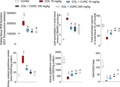 Figure 1 Kidney tissue markers of oxidative stress in polymyxin E (PolyE)-treated mice and the effect of curcumin (CUR) treatment. Data are given as mean ± SD (n = 8). ***Indicates significantly different as compared with the control group (P < 0.01). aIndicates significantly different as compared with the PolyE group (P < 0.05).