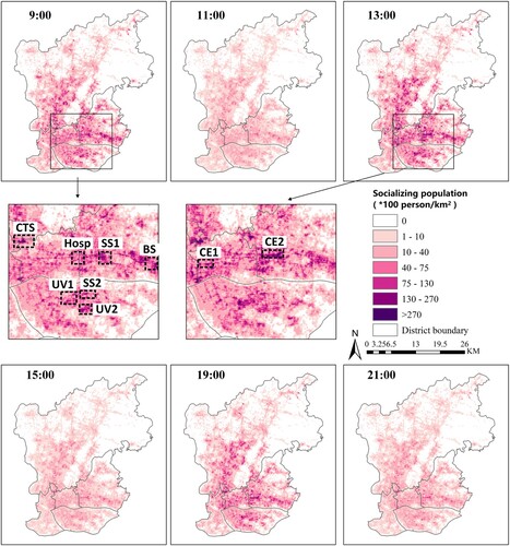 Figure 9. Spatial distributions of socializing population at different hours in the study area. ‘CTS’ refers to coach terminal station, and region CTS is Guangdong coach terminal station and Guangzhou railway station; ‘Hosp’ refers to the hospital, and region Hosp is Zhongshan ophthalmic center and Guangzhou women and children medical center; ‘SS’ refers to the subway stations, and regions SS1 and SS2 and the Ganging subway station and Kecun subway station; ‘BS’ refers to bus station, and region BS is Chebei bus station; ‘UV’ refers to urban villages, and areas UV1 to UV2 correspond to Kangle village and Shangyong village. ‘CE’ refers to the commercial and entertainment centers, and areas CE1 and CE2 are the Beijing road commercial pedestrian street and shopping malls of TaiKoo hui and Teemall.