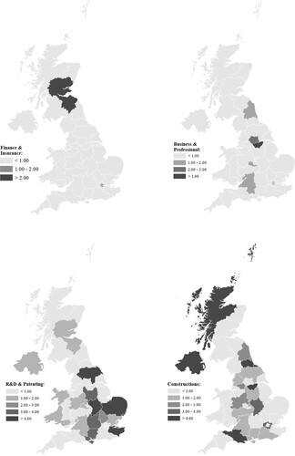 Figure 3. UK regions revealed comparative advantage (RCA) in exports of services, 2011–17.Note: Statistics are elaborated using data from the Inquiry in International Trade in Services (ITIS) database.