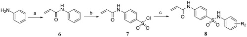 Scheme 2. Reagents and conditions: (a) Acryloyl chloride, TEA, DCM, 0 °C, rt; (b) HSO3Cl, 70 °C, 1 h; (c) Substituted aniline, pyridine, DCM, 0 °C, rt.