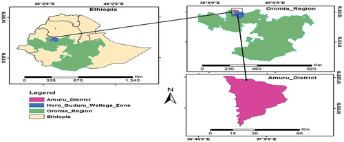 Figure 1. Physical map of Ethiopia, Oromia Region and Amuru District.