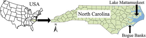 Figure 1. Locations of Lake Mattamuskeet and Bogue Banks in eastern North Carolina, USA.