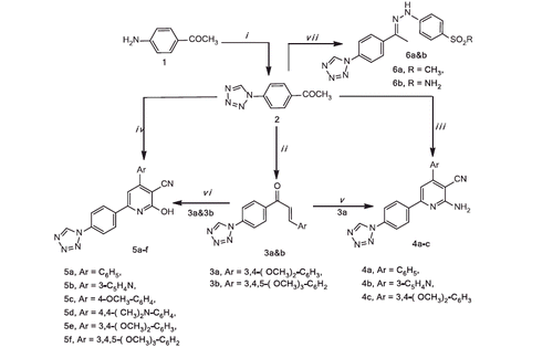 Scheme 1. Reagent and conditions: (i) NaN3, TEOF, gl. HAc, reflux, 12 h, (ii) ArCHO, KOH, abs. EtOH, r.t., 10–12 h, (iii) ArCHO, CN(CH2)CN, NH4OAc, abs. EtOH, (iv) ArCHO, CNCH2COOEt, NH4OAc, abs. EtOH, (v) CN(CH2)CN, NH4OAc, abs. EtOH, (vi) CNCH2COOEt, NH4OAc, abs. EtOH, (vii) p-substitutedphenylhydrazine hydrochloride, abs. EtOH, reflux, 6–8 h.