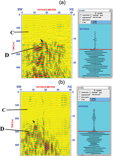 Figure 6. (a, b) Processed GPR sections illustrate deep anomaly (D) and host medium of silty sand (C) inside the temple and on its western side.