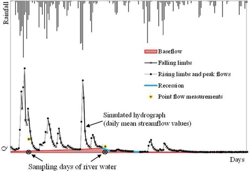 Fig. 1 Reconstruction and segmentation of a daily hydrograph at an almost ungauged pollution-control site: a contribution to meta-analysis of river quality data sampling. Note that uncertainty bounds should bracket the simulated hydrograph (not shown). Segmentation was performed according to the procedure described in the section “Comparative Assessment”.