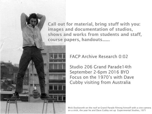 Figure 1. FACP Archive Research leaflet for studio event hosting Mick Duckworth and Dave Cubby, 2016. Photograph of Mick Duckworth, 1971, from the collection of Mick Duckworth.