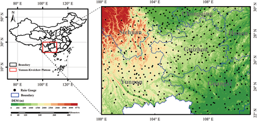 Figure 1. The spatial distribution of elevation and the network of 371 rain gauge stations across the Yunnan-Kweichow Plateau were utilized in the present study.