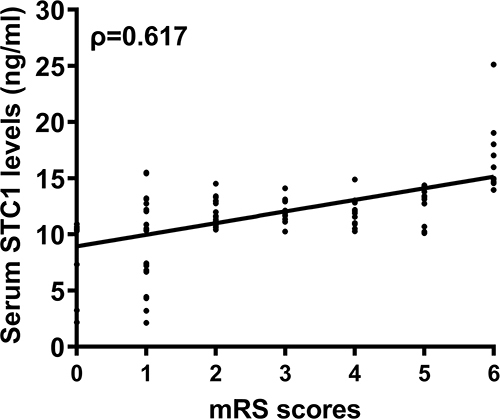 Figure 4 Relationship between serum stanniocalcin-1 levels and modified Rankin Scale scores at 6 months after acute intracerebral hemorrhage. Serum stanniocalcin-1 levels were highly correlated with modified Rankin Scale scores (ρ=0.617).