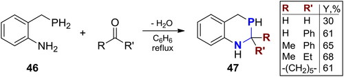 Scheme 28. Cyclocondensation of 2-aminobenzylphosphine with carbonyl compounds.[Citation98]