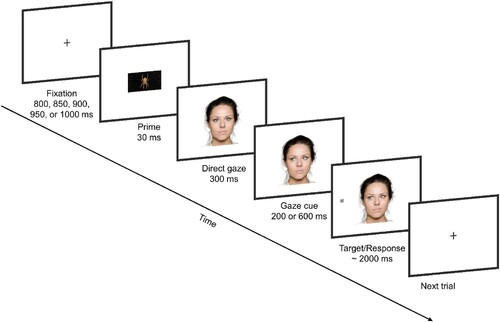 Figure 1. Sequence of events on a single trial in the gaze-cuing task. The ﬁgure illustrates a valid gaze cue trial in the threat priming condition.