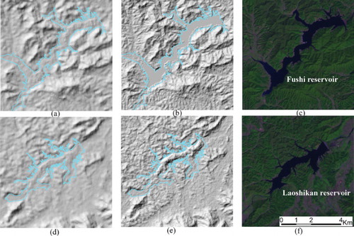 Figure 6. Comparison of water masking between ASTER GDEM version 1 and 2 (a, d: version 1; b, e: version 2; c, f: Landsat TM images of 2007). The upper water body is Fushi reservoir, which has an area about 7.6 km2, and the lower one is Laoshikan reservoir, which has an area of about 5.3 km2. The upper three image locations are shown in Figure 1B. The lower three image locations are shown in Figure 1C.