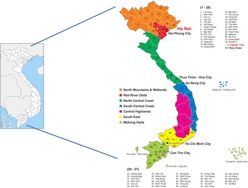Figure 1. Map of Vietnam’s provinces.Source: Authors’ elaboration based on https://d-maps.com/carte.php?num_car=986&lang=it and https://amotravel.com/map-of-regions-of-vietnam/.