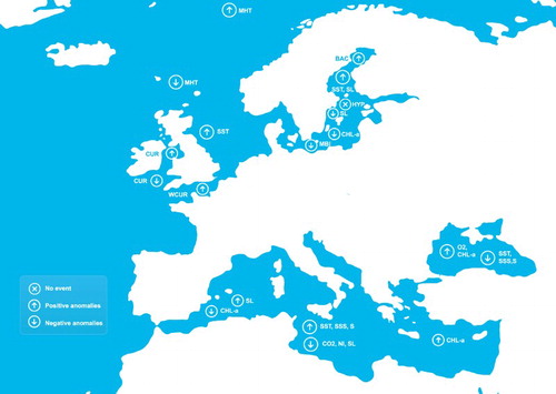 Figure 5.2.2. Schematic overview on anomalous changes taking place in the European regional marine environment during the year 2016. Upward arrow indicates anomalous positive values, downward arrow indicates anomalous negative values, a cross means ‘no event’ and the star points to deep convection events. Abbreviations see Figure 5.2 and WCUR, winter surface currents; HYP, open ocean hypoxia; BAC, cyanobacteria bloom; TRA, Atlantic Water transport; MBI, major Baltic inflow.