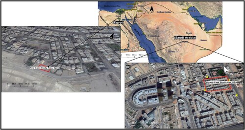 Figure 1. Google earth location maps for the geophysical survey sites. (a) Al-Mokattam survey site in Egypt, where ERT and GPR carried out, while (b) the location for Riyadh investigated site, KSA, where GPR was the only available technique used in the site.