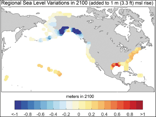 Figure 2. Projected regional sea level change for 2100 (in meters from year 2000 levels) for U.S. coasts relative to a mean rise everywhere of 1 m (figure 13 in Sweet et al.Citation5).