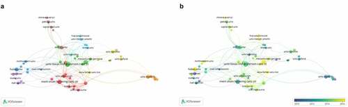 Figure 7. Co-authorship analysis of the active institutions in the field of BCLM. (a) Network visualization map of the leading 60 institutions. (b) Overlay visualization map of the leading 60 institutions