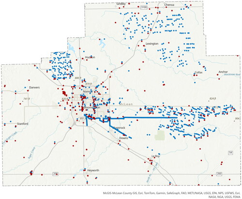 Figure 10. Vertical assets in the FAA’s Digital Obstacle File (DOF) for McLean County, Illinois, are displayed in blue. Areas with high clusters of vertical assets are wind farms with wind turbines or are in close proximity to the Central Illinois Regional Airport. Additional vertical assets greater than 50 feet in height that were identified from the proposed methodology are displayed in red. Source: FAA, 2019. Esri. “World Topographic Map” [basemap]. 1:289,817. February 1, 2024. https://basemaps.arcgis.com/arcgis/rest/services/World_Basemap_v2/VectorTileServer (March 20, 2024).