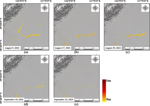 Figure 7. Flooded zone in the study area extracted with KDFIM on (a) August 5, 2023, (b) August 17, 2023, (c) August 29, 2023, (d) September10, 2023, (e) September22, 2023, respectively.