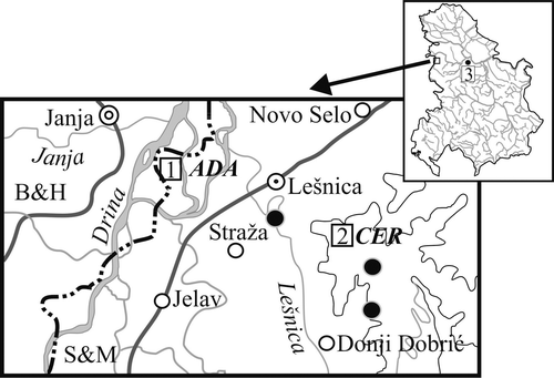 Figure 1 Geographic location of the three examined populations(1, Adal; 2, Mt. Cer; 3, Mt. Avala).