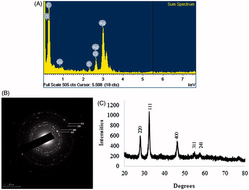 Figure 3. EDX spectra of the whole scan area showing major peak of silver nanoparticles at 3 keV (A), SAED pattern of silver nanoparticles (B), and X-ray diffraction patterns of silver nanoparticles (C).