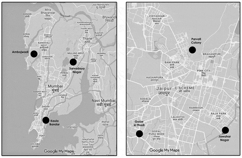 Figure 6. Six site locations in Mumbai and Jaipur. Source: Author.