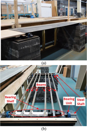 Figure 6. Bridge model (a) Fully Constructed and (b) During construction, showing support conditions and placement of beams.