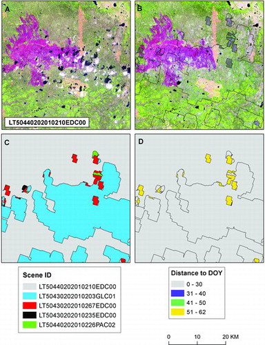 FIG. 9. Areas of cloud in a single-date image (LT50440202010210EDC00) (A) are replaced with cloud-free observations in the annual BAP composite for 2010 (B). The composite uses observations from several unique images (C), with the greatest difference visible for those images acquired outside the August 1 ± 30 day window (D).