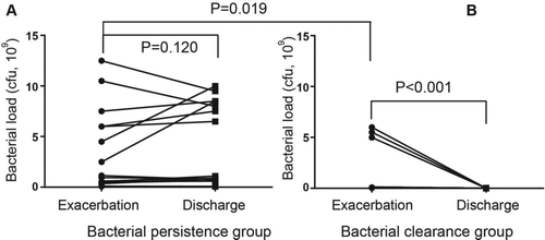 Figure 2.  Bacterial load at exacerbation and discharge in the bacterial persistence group (A) and bacterial clearance group (B). The differences in the bacterial load at exacerbation between the two groups were evaluated using Mann-Whitney U-test and the changes from exacerbation to discharge within each group were examined using the Wilcoxon's signed rank test.