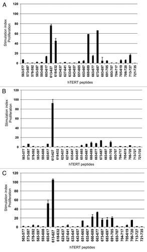 Figure 8. T-cell reactivity against multiple unrelated hTERT Th and CTL epitopes in several long-term surviving GV1001-vaccinated patients. PBMCs from different post-vaccination sample time points were pre-stimulated with 25 overlapping hTERT peptides and tested for proliferation against single peptides. The graphs show a summary of post-vaccination-T cell responses detected against several unrelated 15- and 30-mer hTERT peptides. Two melanoma patients (A and B) and one colon cancer patient (C) were tested.