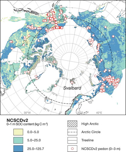 Figure 1. NCSCD 0–3 m SOC content and locations, and overall extent (Hugelius, Bockheim et al. Citation2013; Hugelius, Tarnocai et al. Citation2013). Zero–1 m pedon locations are unavailable but show a similar pattern (G. Hugelius, pers. comm.). The High Arctic is based on data from the Circumpolar Arctic vegetation map (CAVM Team Citation2003).