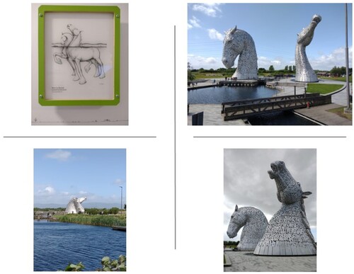 Figure 2. The Kelpies at Helix Park. Sources: all © Lorna Philip. Top left is a photograph of one of a number of sketches by Andy Scott displayed at the Helix Visitor Centre, the caption for which is What lies beneath, a sketch by Andy Scott © Andy Scott Public Art.