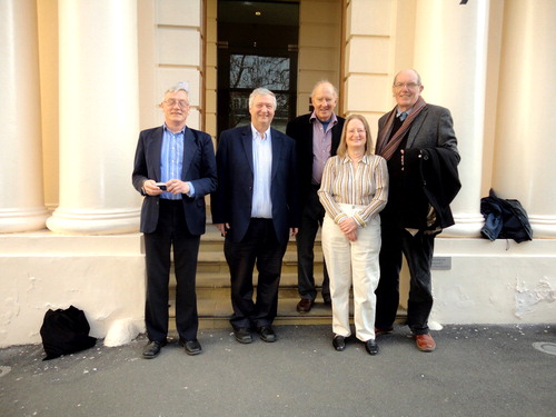 Figure 12. Bill Chaloner (centre) with four of his research students, from left to right, Thomas M.F. Windle, Andrew C. Scott, Margaret E. Collinson and Michael C. Boulter (subsection 13.1). Photograph taken at The Royal Society, Carlton House Terrace, London in 2012, photographer unknown. From the photograph collection of Andrew C. Scott.