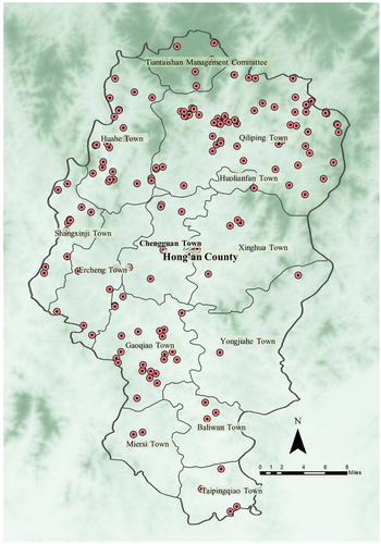 Figure 2. Distribution map of red landscapes in Hong’an County.