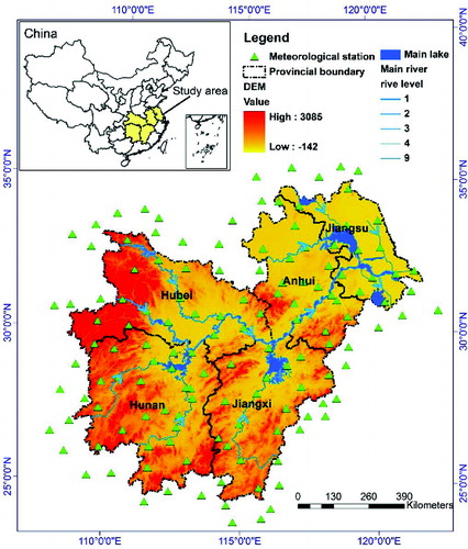 Figure 2. Location of the study area and the distribution of the selected meteorological stations. The main lakes and rivers of the study area are also shown.