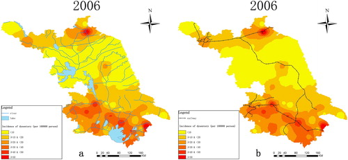 Figure 3 The results of overlay analysis. A) the map of overlay analysis, based on water system and dysentery incidence; b) the map of overlay analysis, based on railway lines and dysentery incidence. Source: Author