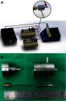 Figure 1 (A) Schematic of the experimental setup to co-axially electrospin the sheath-core-structured nanofibers; (B) photo of the co-axial nozzle and needles used for the experiments.