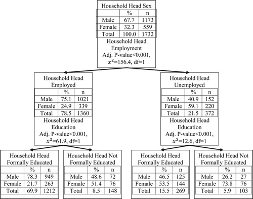 Figure 2. CHAID Decision Tree Categorizing Household Head Sex Using Employment and Education Status (n = 2,071).