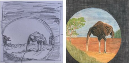 Figure 1. Artwork one, concept sketch and final work.