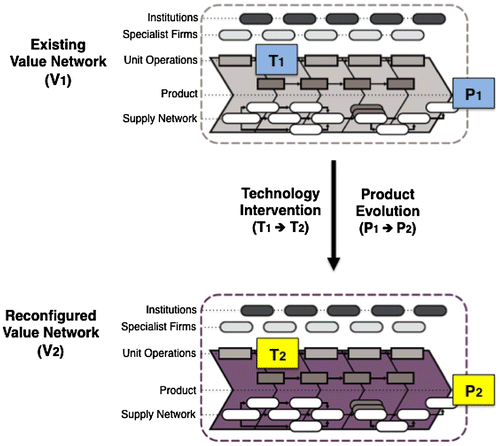 Figure 3. Reconfiguring pharmaceutical value networks: targeted interventions (T1 →  T2) changing the product and industrial landscape (P1 and V1 → P2 and V2).