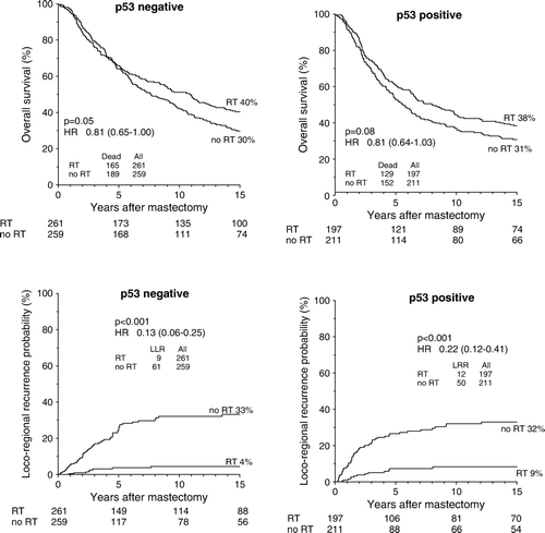 Figure 1.  Kaplan-Meier probability plots of overall survival and loco-regional recurrence in high-risk breast cancer patients as a function of randomization to postmastectomy radiotherapy within the subgroups of p53 negative and p53 positive patients.